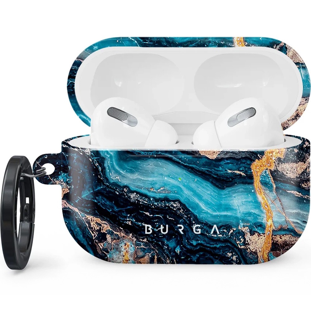 Ekskluzywne etui Burga Mystic River do AirPods Pro 2, marmurowe niebiesko-złote